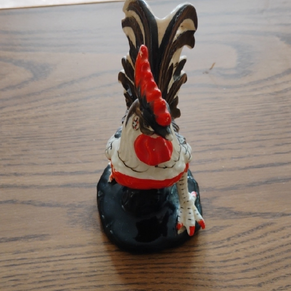 Glossy Ceramic Rooster Figurine in Red, Black & White